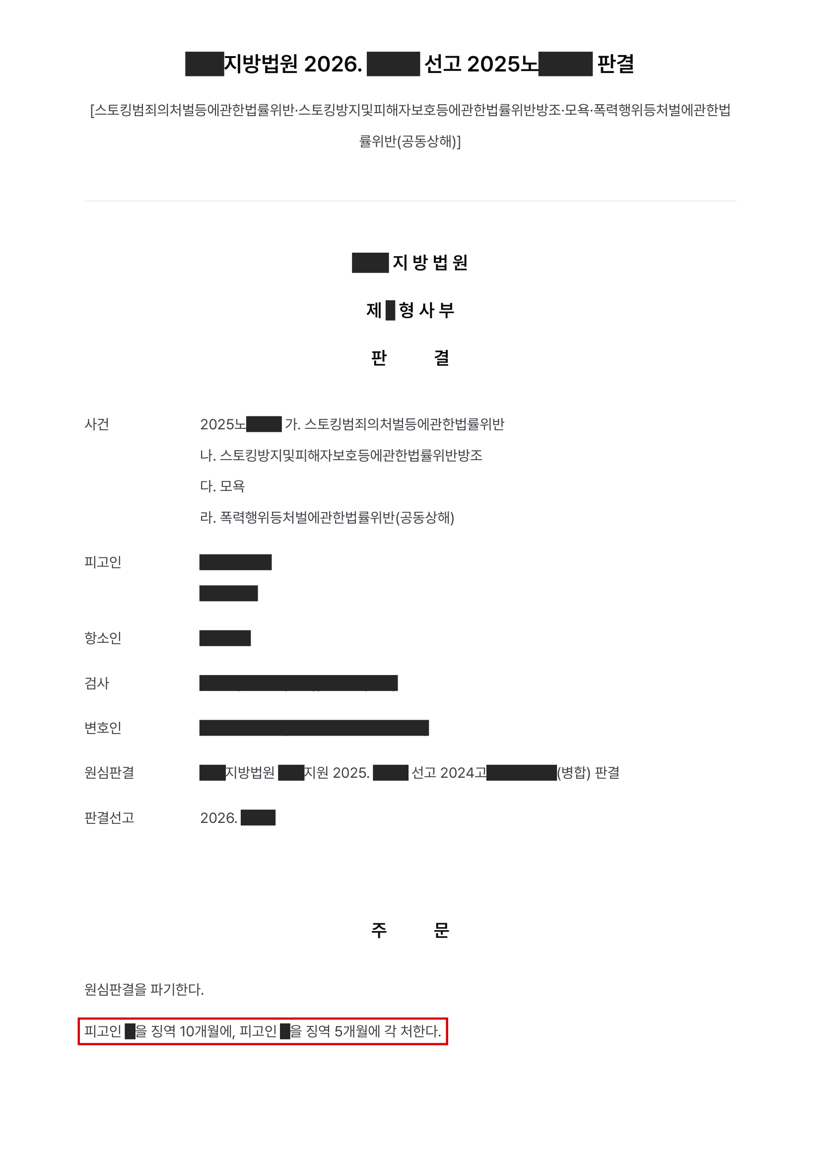 고소대리, 영업장 앞까지 찾아와 지켜보고 가족까지 폭행한 스토킹 가해자 2명, 항소심에서도 전원 실형 결과 문서(개인정보 가림)