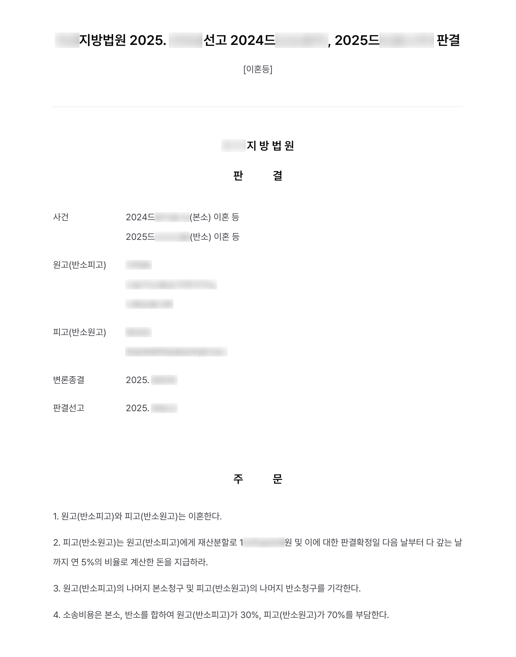 장기 별거 끝의 이혼 소송, 상대방의 위자료 반소와 특유재산 주장을 물리치고 재산분할 1억 원 넘게 인정 결과 문서(개인정보 가림)