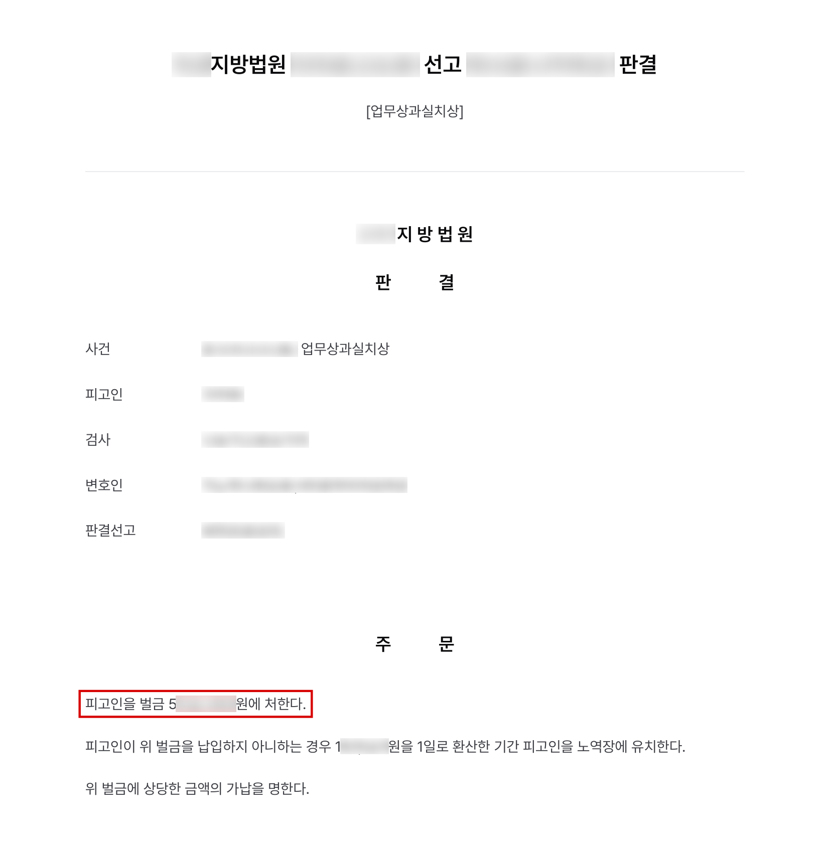 고소대리, 가슴 성형수술 뒤 괴사로 재수술까지 받은 사건, 설명의무 위반과 수술상 과실 모두 인정받아 집도의 벌금형 결과 문서(개인정보 가림)