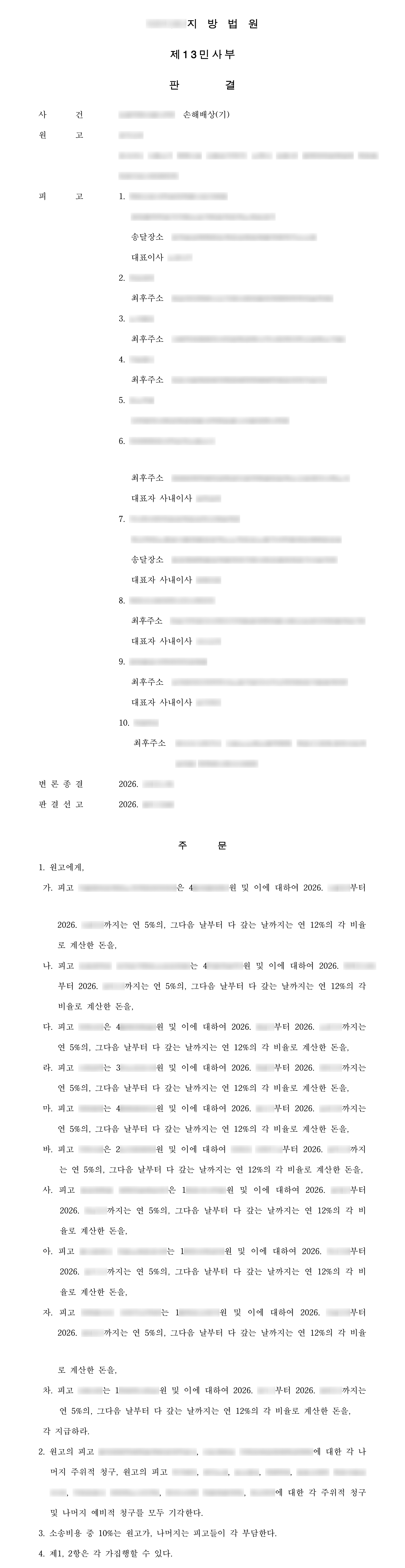 가짜 주식 거래 사이트에 8억 원 넘게 보낸 리딩방 투자사기, 계좌 명의 법인·개인 10명 상대로 남은 피해 전액 인정 결과 문서(개인정보 가림)